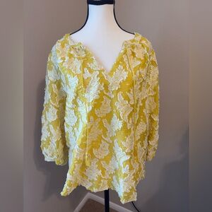 Chico's Yellow Embroidered V-Neck Peasant Top size 2 (large)